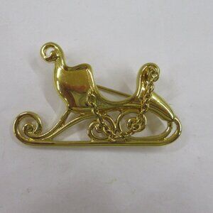 MONET Christmas Sleigh Pin Gold Tone Fashion Brooch with Chain Rein Signed Vtg